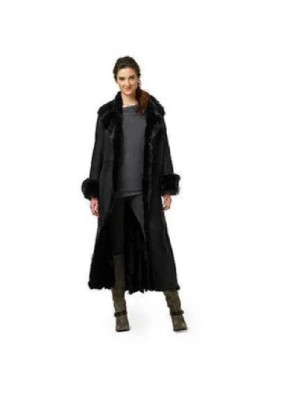Cole Haan Black Genuine Shearling Long Coat Fur Trim Sz XS Penny Lane Luxury - Picture 4 of 16
